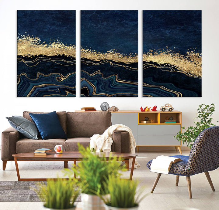 Navy Blue Marble Fluid Effect Large Wall Art Modern Abstract Canvas Wall Art Print