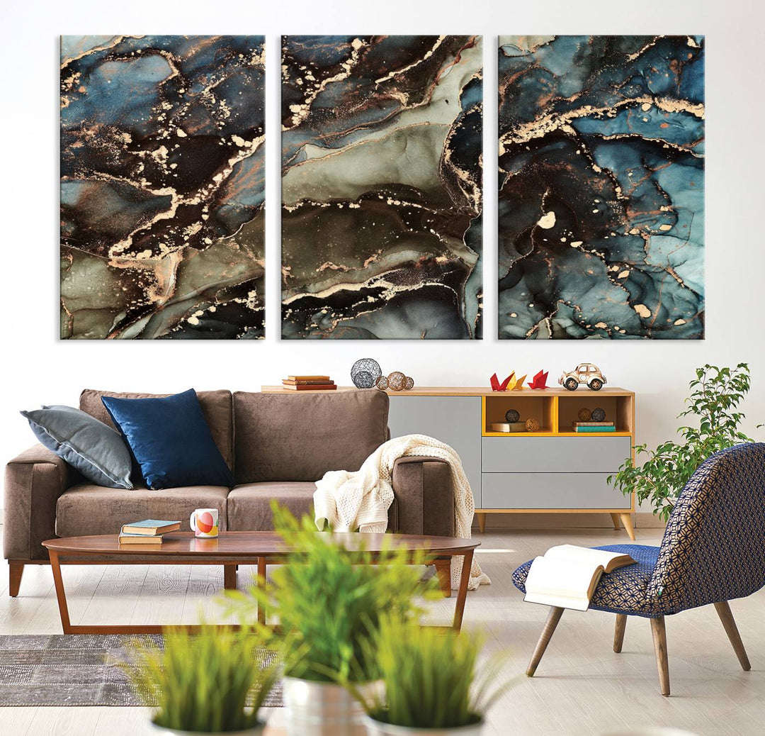 Black and Blue Marble Fluid Effect Wall Art Abstract Canvas Wall Art Print