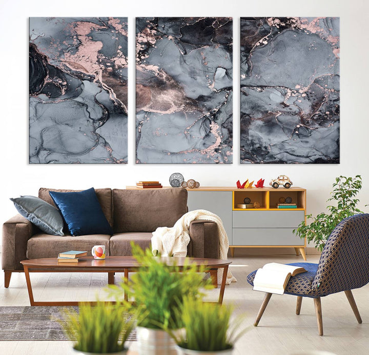 Gray and Rose Gold Marble Fluid Effect Wall Art Abstract Canvas Wall Art Print