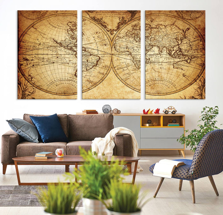 Vintage World Map Wall Art | 3-Panel Canvas Print for Living Room, Office, or Study | Giclee Canvas with Antique Design