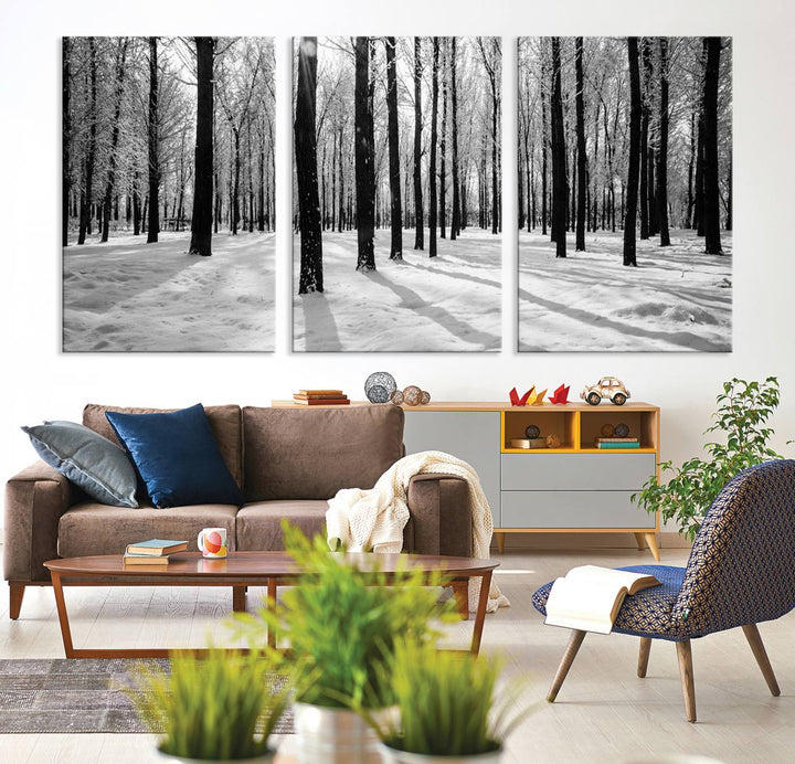 Arte de pared grande, bosque de invierno, álamos, impresión en lienzo