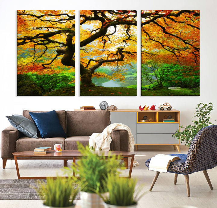 Portland Japanese Maple Tree Canvas Wall Art – Nature Landscape Print – Framed and Ready to Hang for Living Room or Office Decor