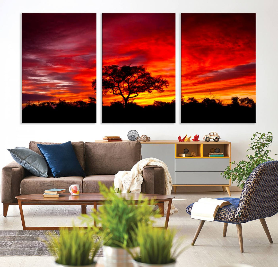 Red Sunset Landscape Artwork Printing, Forest Tree Wall Art Canvas Print