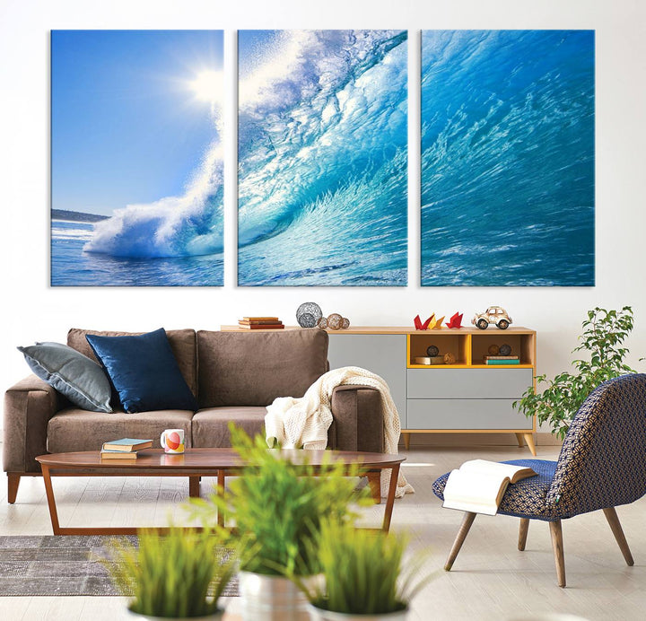 Blue Big Wave Surf Ocean Canvas Wall Art Artwork Print, Art mural de plage, Art de mur de mer