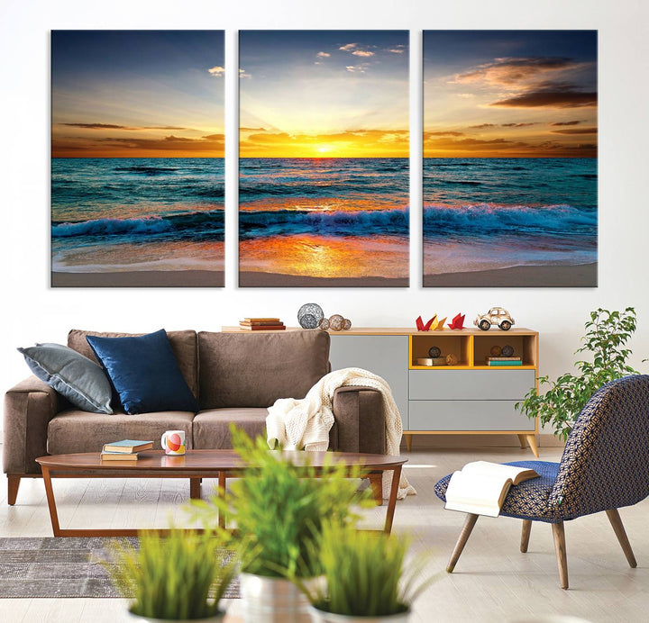 Vibrant Ocean Sunrise Over Golden Beach Waves, Giclee Canvas Wall Art Set, High-Quality Stretched Canvas Print, Ready to Hang Coastal Sunset Wall