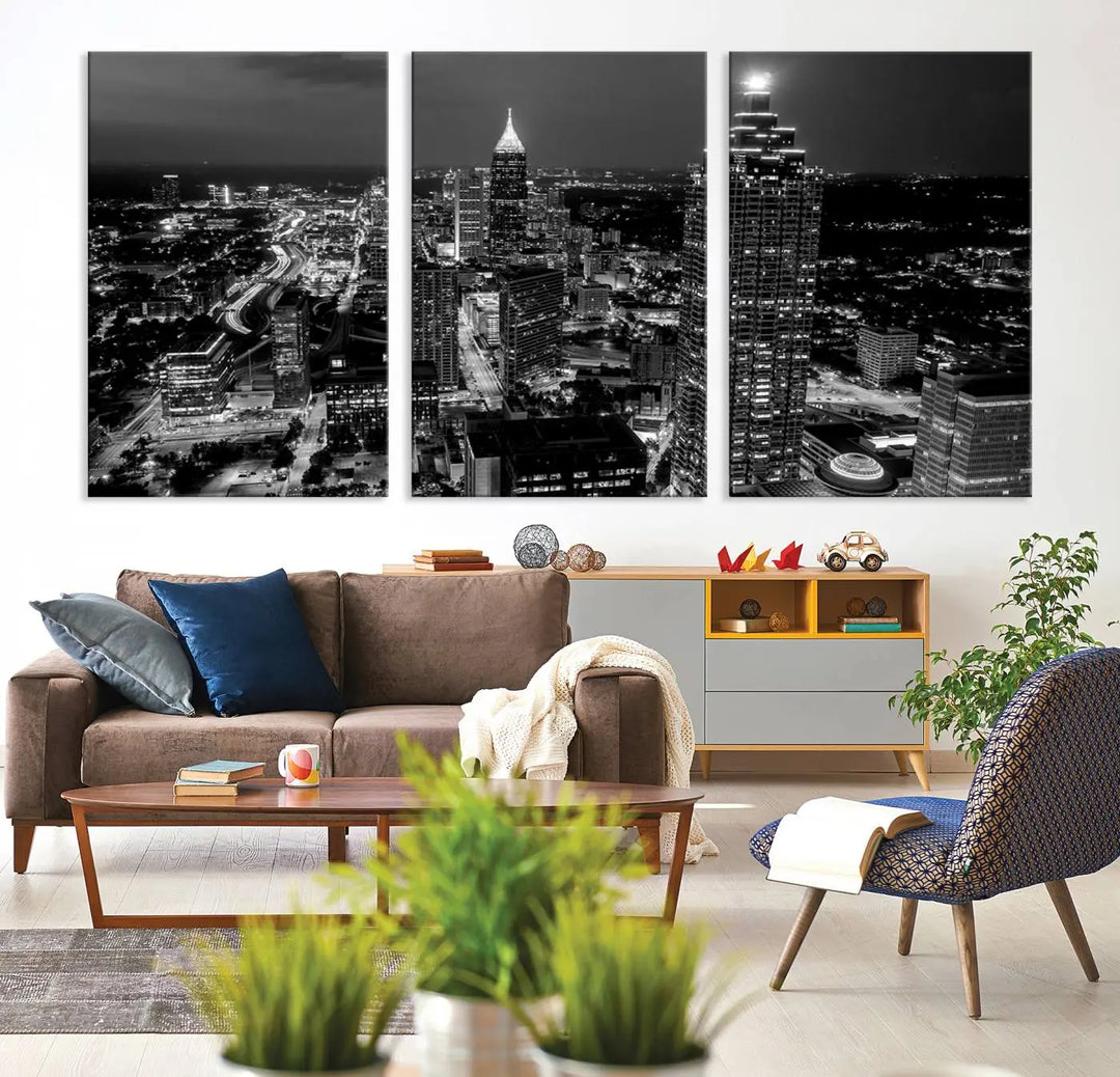 The Atlanta City Lights Skyline Black and White Wall Art Cityscape Canvas Print is elegantly displayed on the wall. These museum-quality canvases arrive ready to hang, making your art display both effortless and sophisticated.