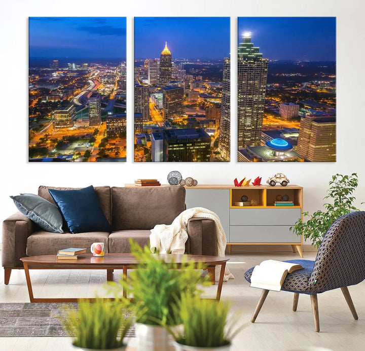 An elegant Atlanta City Blue Skyline Cityscape View Wall Art Canvas Print graces the wall, offering a sophisticated addition to your living space. Enjoy free shipping on this stylish piece.