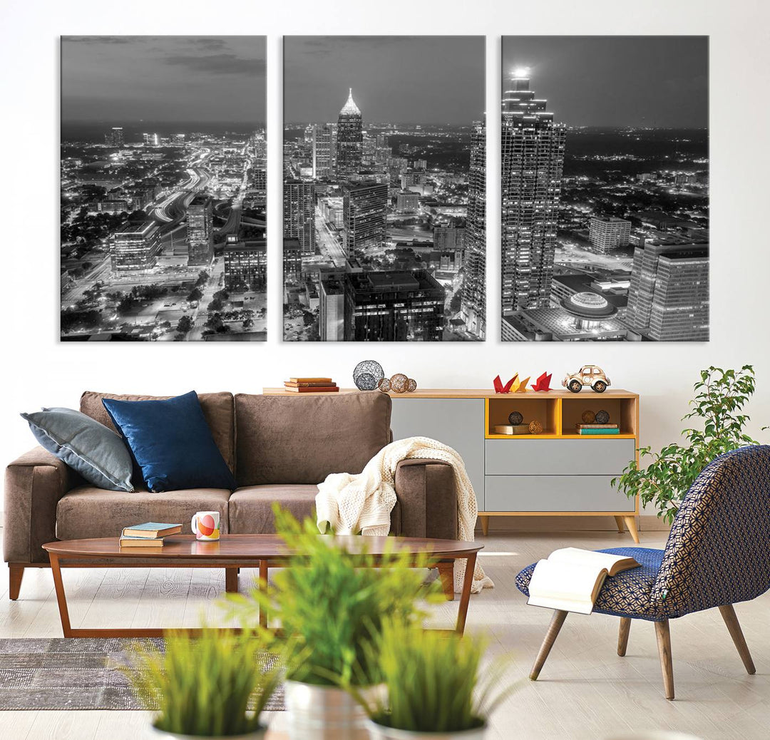 Atlanta City Skyline Art mural noir et blanc Paysage urbain Impression sur toile