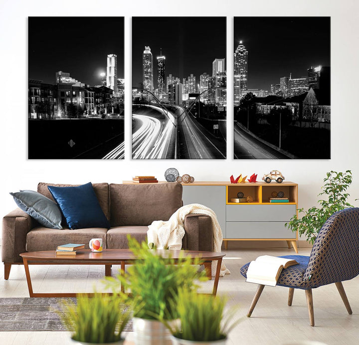 Atlanta City Lights Skyline Art mural noir et blanc Paysage urbain Impression sur toile