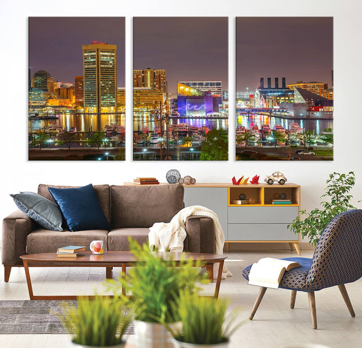 The Baltimore City Lights Night Skyline Cityscape View Wall Art Canvas Print is elegantly displayed on museum-quality canvas.