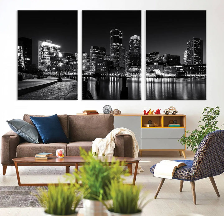 The living room showcases the Boston City Lights Skyline Black and White Wall Art Canvas Print.