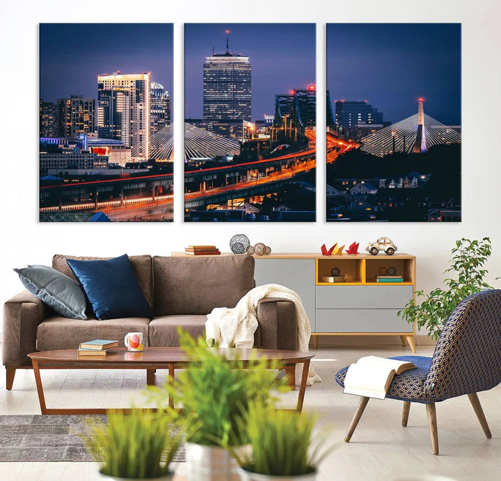 The "Boston City Lights Night Skyline Cityscape View" artwork on the wall showcases a brightly lit bridge at night. It is displayed on museum-quality canvas with a UV-protective coating.