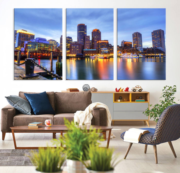 The Boston City Lights Sunset Cloudy Blue Skyline Cityscape View Wall Art Canvas Print embellishes a contemporary living room. This gallery-wrapped canvas set guarantees museum-quality canvases to enhance any space.