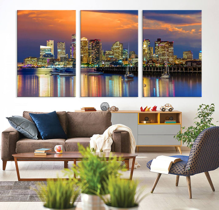 Boston City Night Blue and Orange Skyline Cityscape View Wall Art Canvas Print 