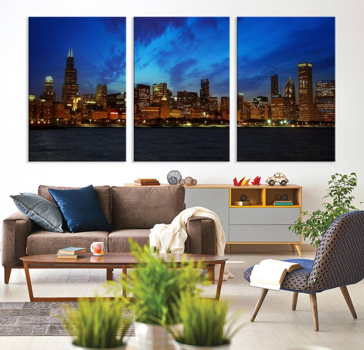 The "Chicago City Lights Night Blue Wall Art Canvas Print," a triptych of a city skyline at dusk rendered on museum-quality canvas with UV-protective coating, is featured in the living room.