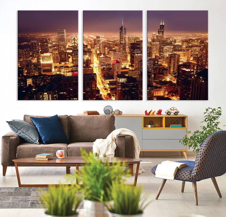 A large artwork showcasing the Chicago Night Skyline cityscape is elegantly displayed on a gallery-wrapped, museum-quality canvas.