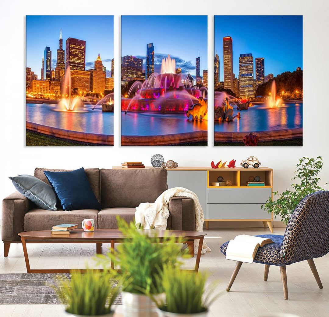 Chicago City Colorful Lights Night Skyline Cityscape View Wall Art Canvas Print