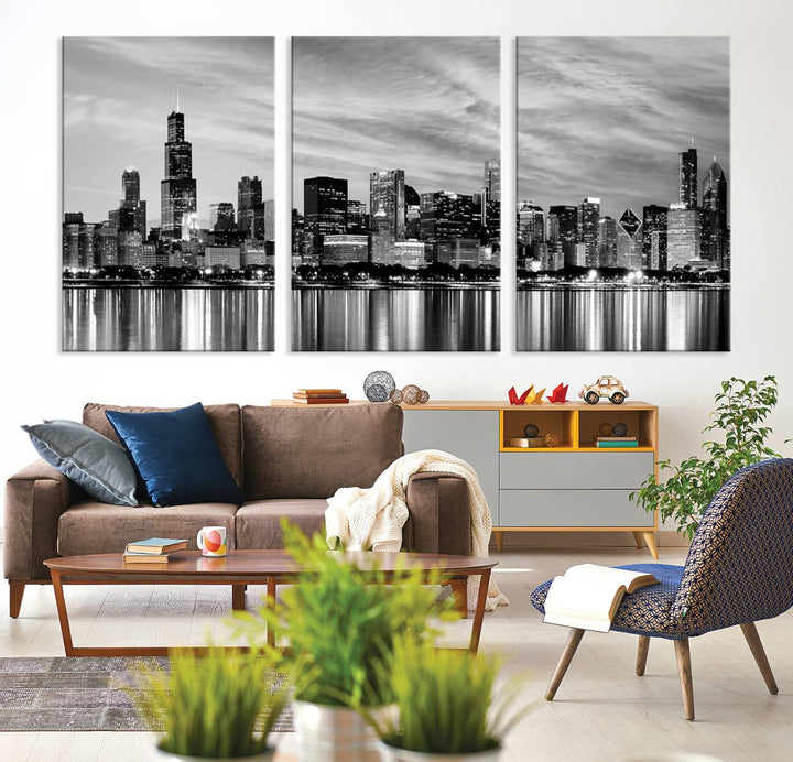 Chicago City Cloudy Skyline Black and White Wall Art Cityscape Canvas Print