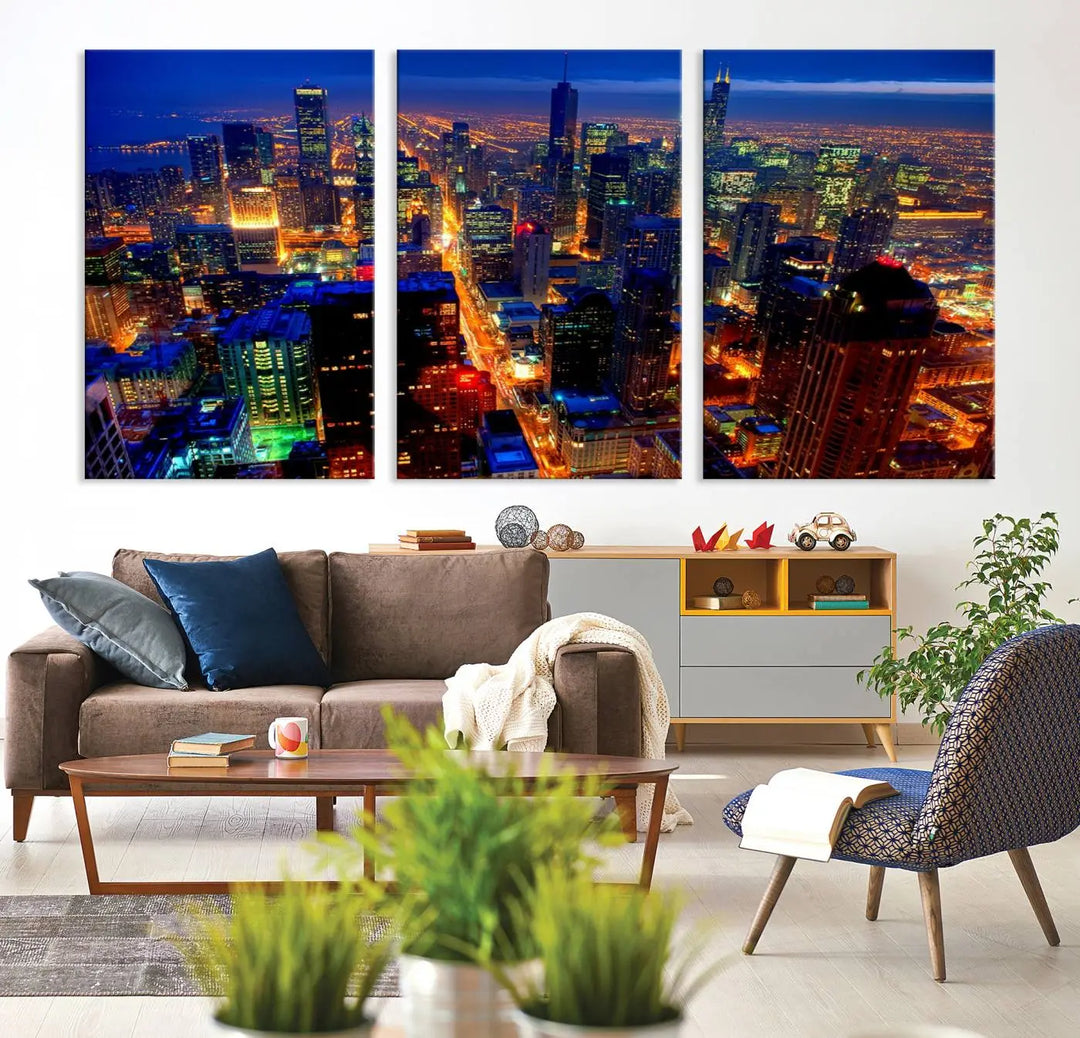 The "Chicago Night Skyline Wall Art" on museum-quality canvas adds long-lasting appeal to the living room.