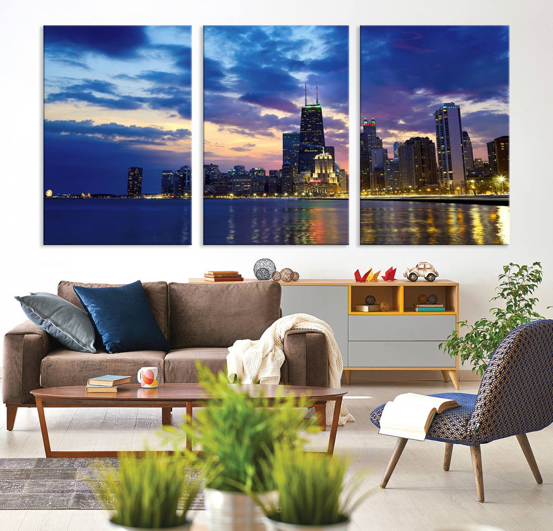 Chicago City Lights Night Cloudy Blue Skyline Cityscape View Wall Art Canvas Print