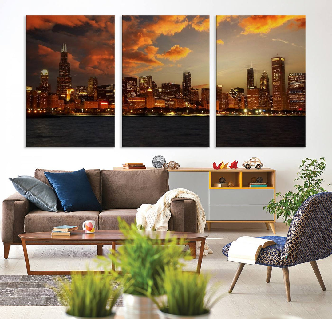 Chicago City Lights Sunset Orange Cloudy Skyline Cityscape View Wall Art Canvas Print