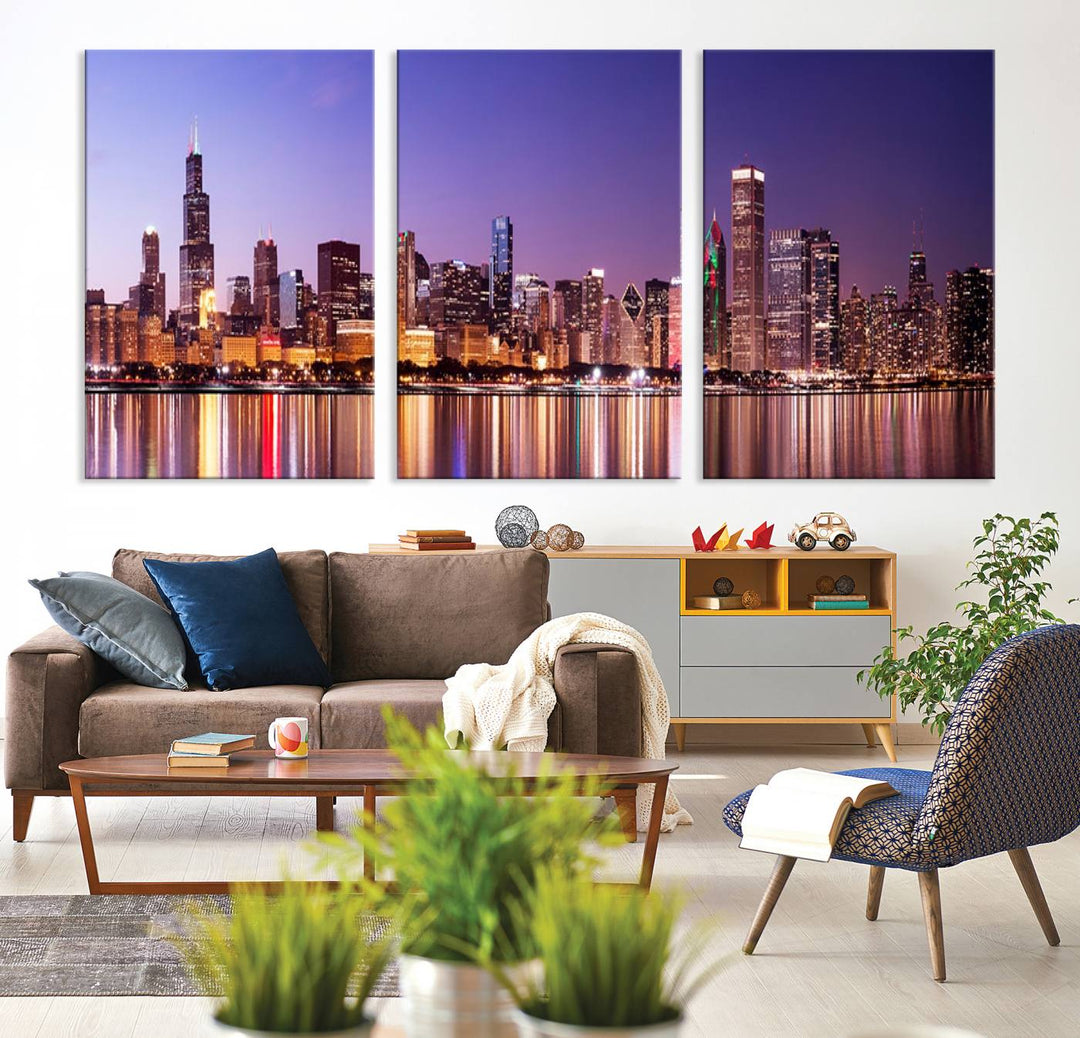 Chicago City Lights Night Purple Skyline Cityscape View Wall Art Impression sur toile