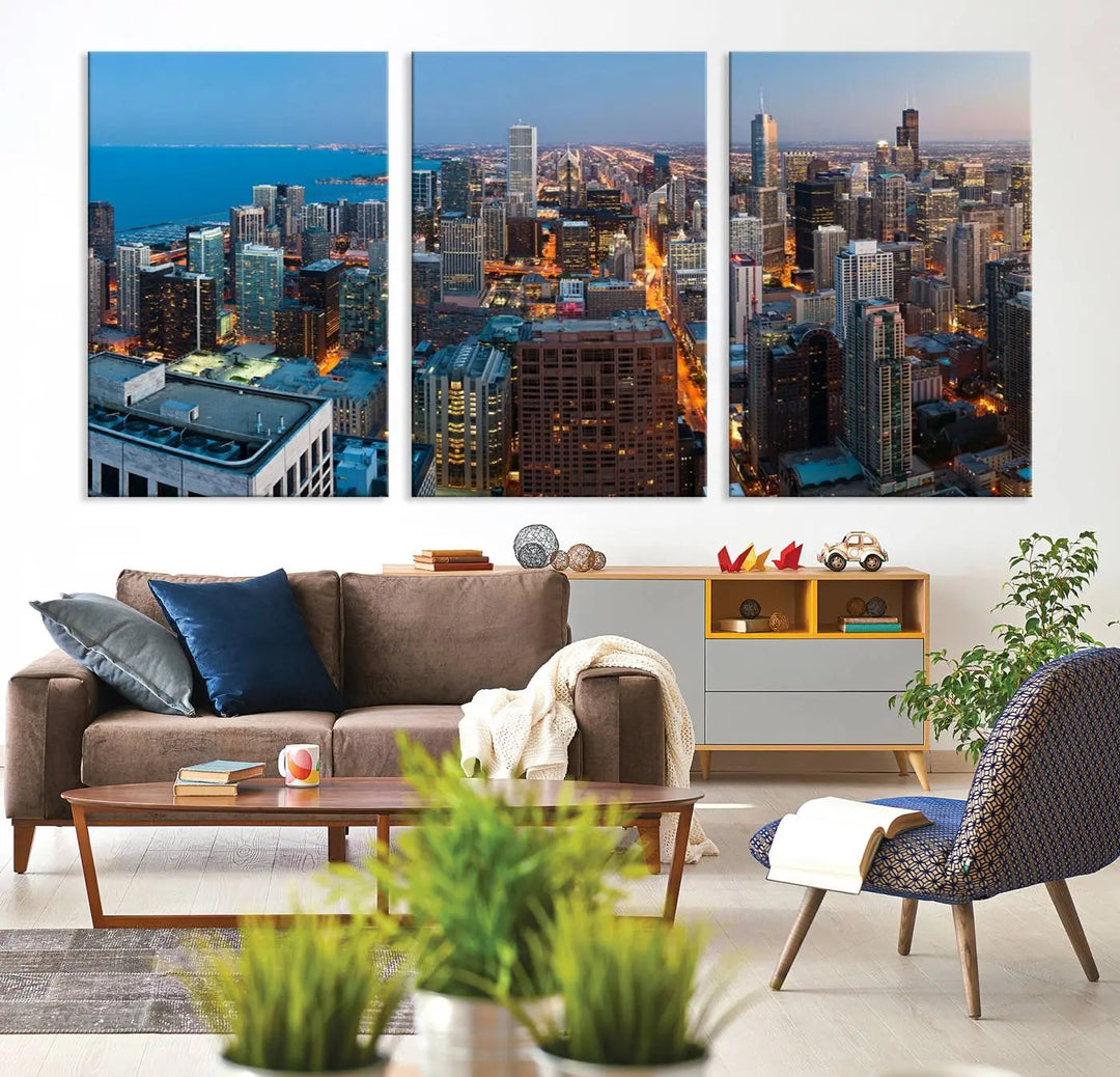 Product Name: Chicago Night Skyline Wall Art City Cityscape

Artwork Description: This artwork is a triptych depicting the Chicago city skyline at night. Created on museum-quality canvas with a UV-protective coating, it comes ready to hang and seamlessly enhances any space.