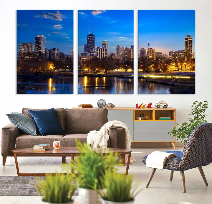 A triptych photo titled "Chicago City Lights Night Blue Skyline Cityscape View Wall Art Canvas Print" is elegantly displayed on gallery-wrapped, museum-quality canvases.