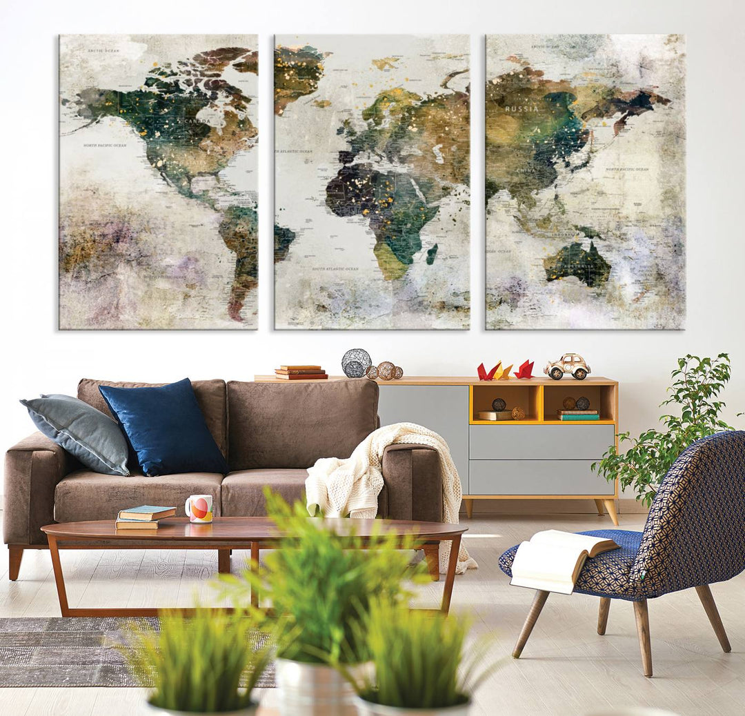 Carte du monde, impression d'art mural, carte sur toile, ensemble mural de 3 panneaux, cadeau, carte de voyage