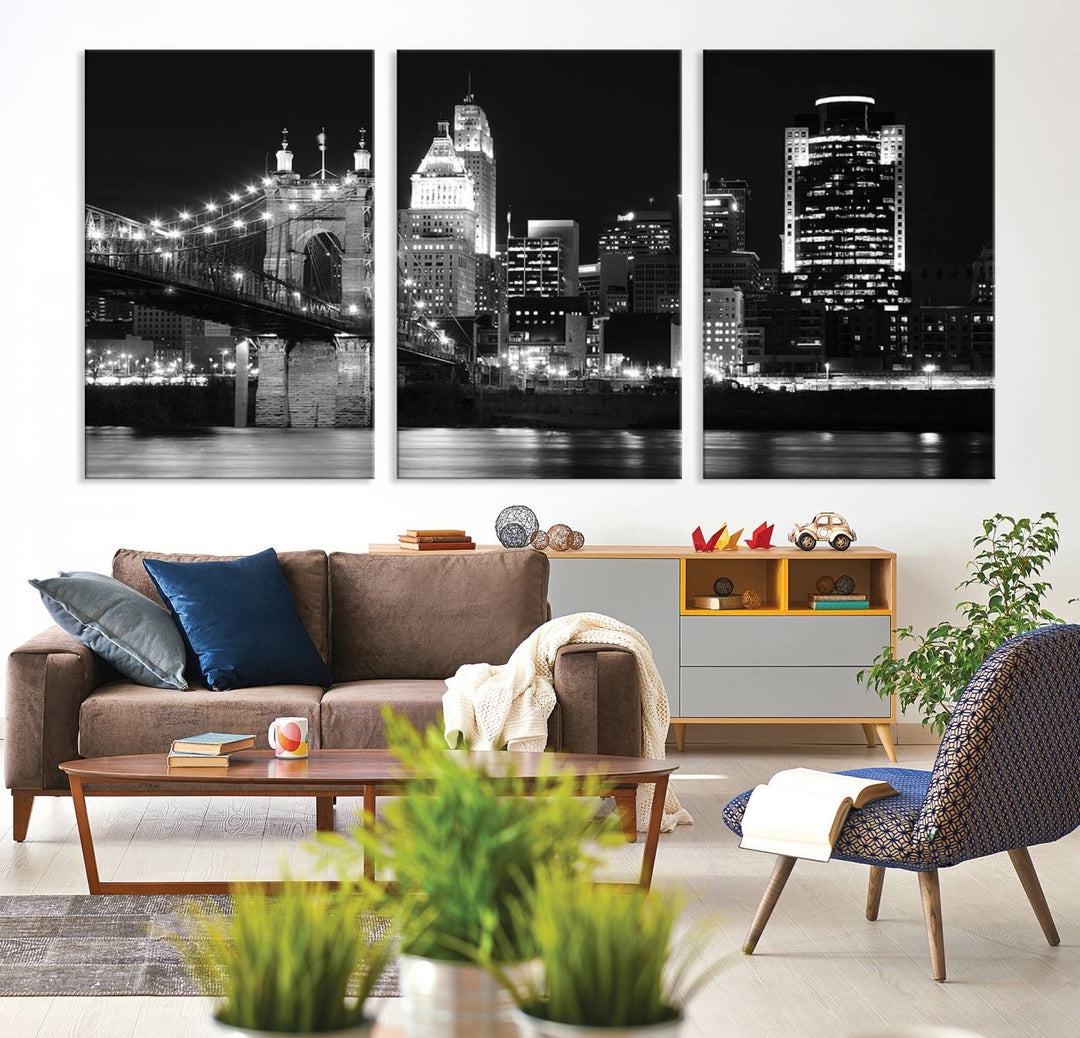 The Cincinnati City Skyline Black and White Wall Art Cityscape Canvas Print is prominently displayed.