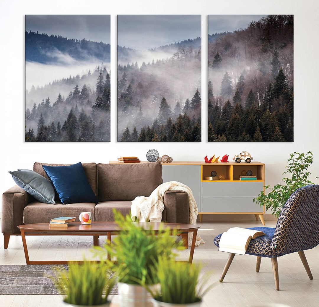 The "Beautiful Rising Fog in Winter Mountain Landscape" wall art is presented on museum-quality canvas, adding a striking visual element to the living room.