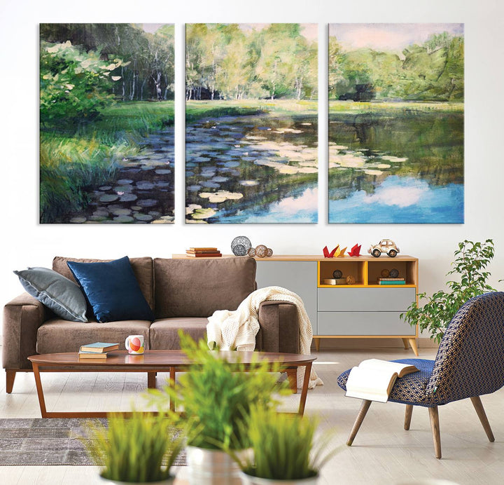 The "Forest Pond River Lake Wall Art Canvas Print" showcases a serene lakeside landscape with trees and water lilies. Crafted on museum-quality canvases and enhanced with UV-protective coating, this piece serves as an elegant addition to any space.