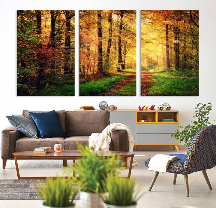 The Sunlight Through Trees Wall Art Canvas Print showcases a sunlit forest path in autumn on gallery-wrapped, museum-quality canvas with UV-protective coating.