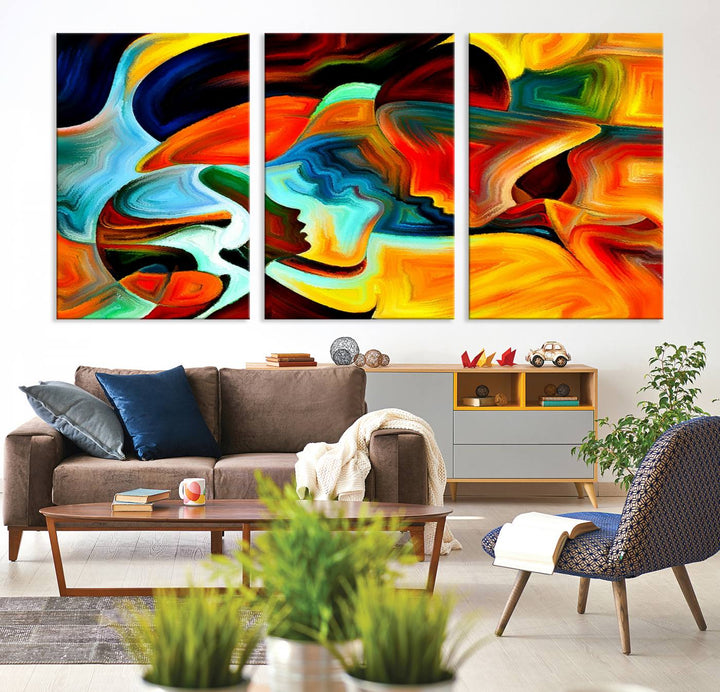 The "Human Love Figures Abstract Wall Art Canvas Print" adds a stylish touch to the dining area, featuring vibrant three-panel artwork on museum-quality canvases with UV-protective coating.