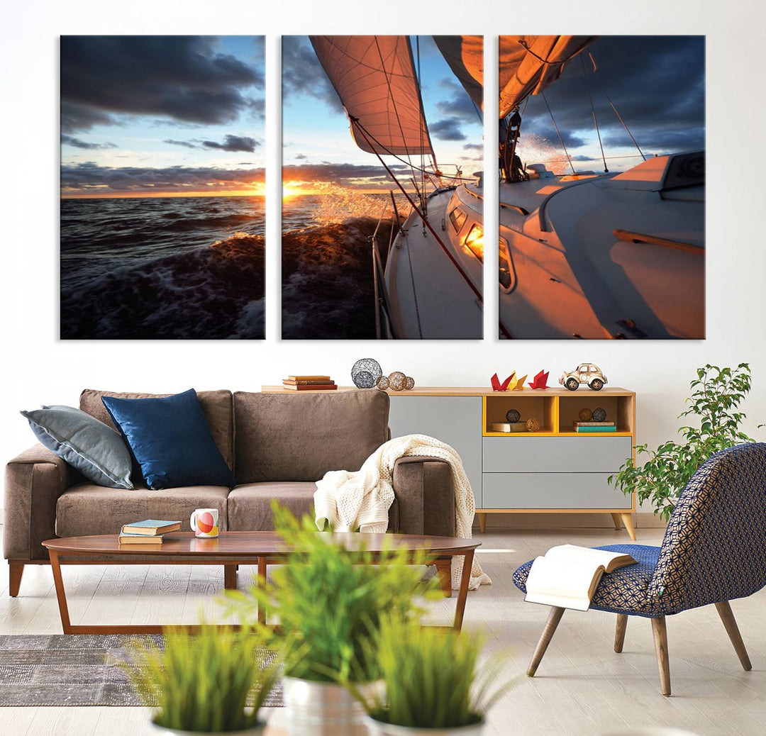 The modern living room is adorned with the Ocean Sunset Sailboat Wall Art, a triptych crafted on museum-quality canvas featuring UV-protective coating for lasting vibrancy.