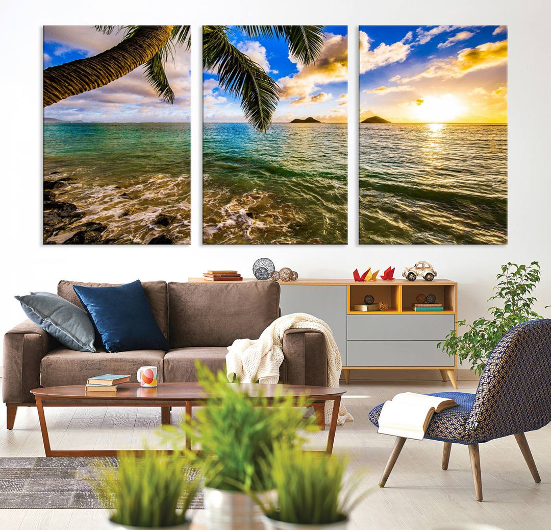 The Sunset Lake View Wall Art Canvas Print, gallery wrapped on a museum-quality canvas, enhances the vibrant living room decor with its UV-protective coating.