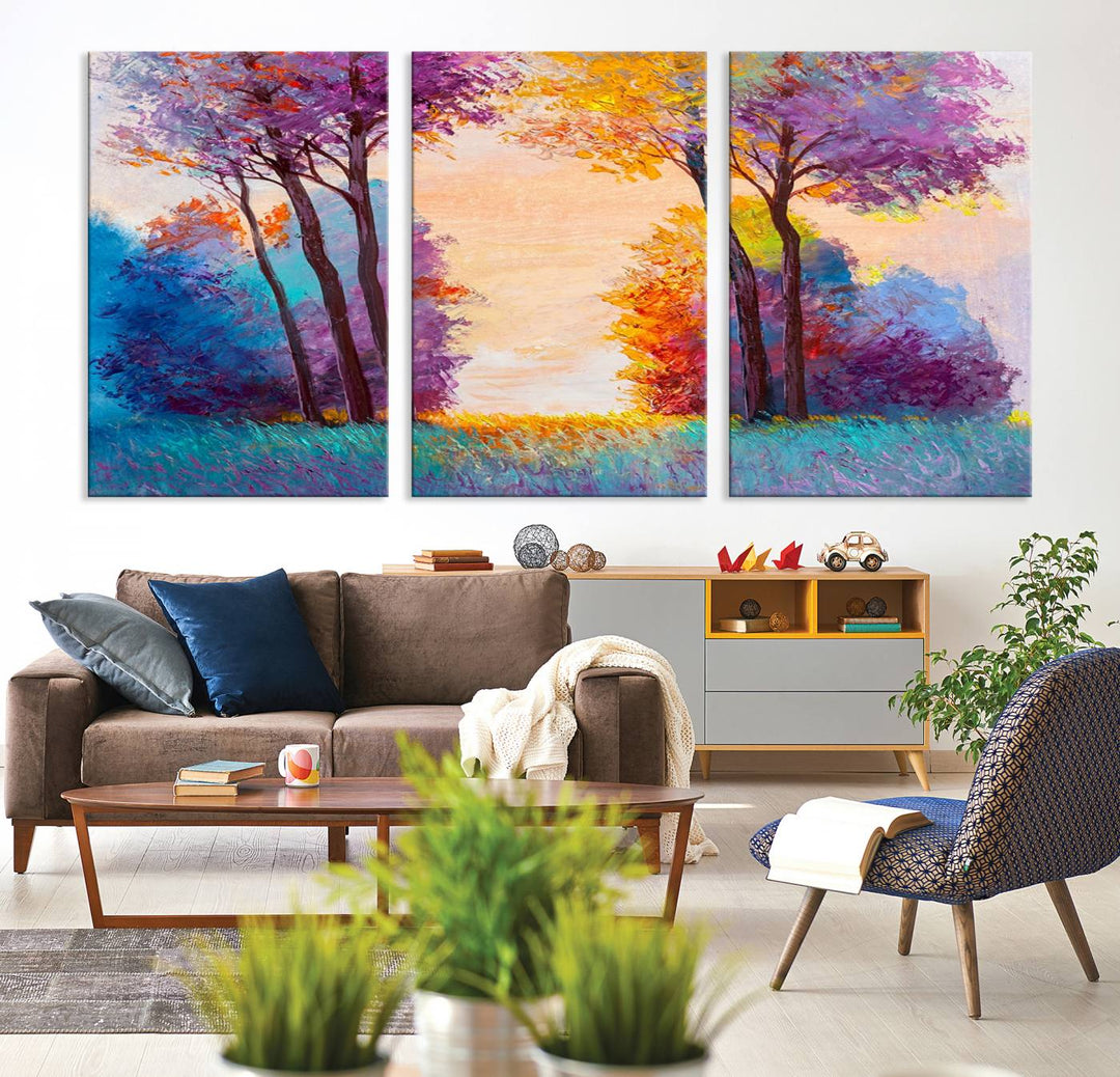 Oil Paint Effect Trees Wall Art Canvas Print features a UV-protective coating for lasting vibrancy.