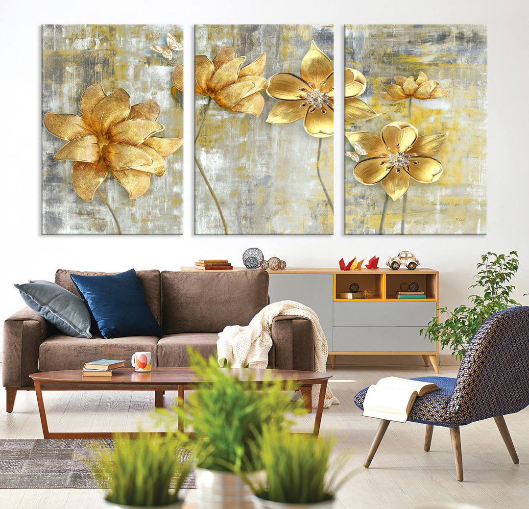 Golden Flowers Wall Art Canvas Print