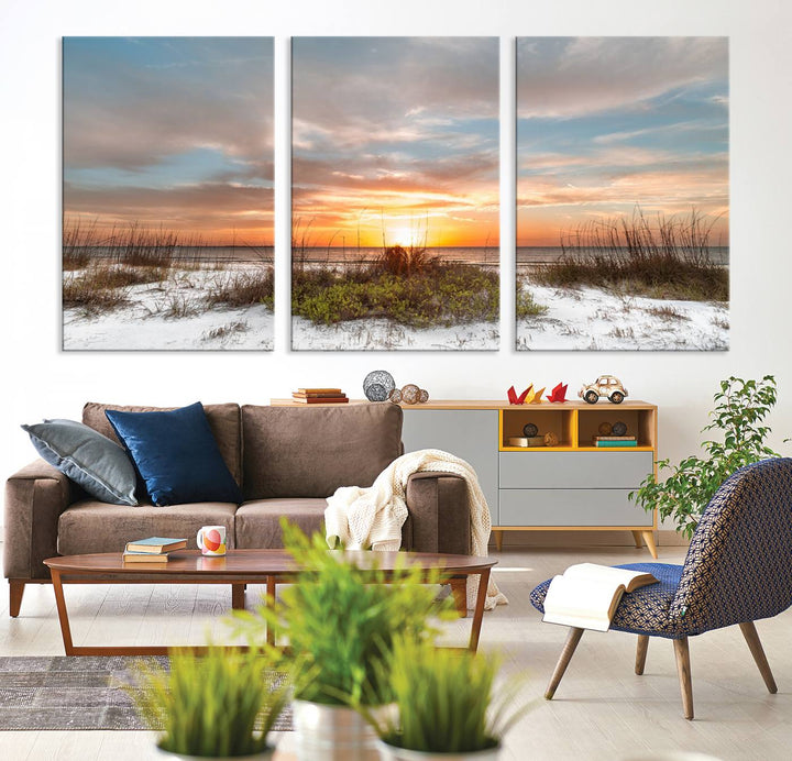 The Beach Ocean Sunset Sand Wall Art Canvas Print is expertly crafted on museum-quality canvases with a UV-protective coating.