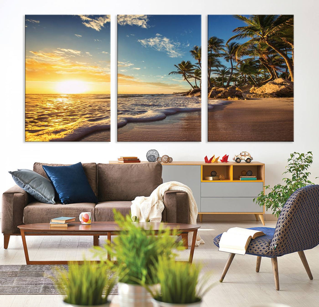 The wall features a Sunset Ocean View Beach Canvas Print, showcasing museum-quality craftsmanship by professional artisans.