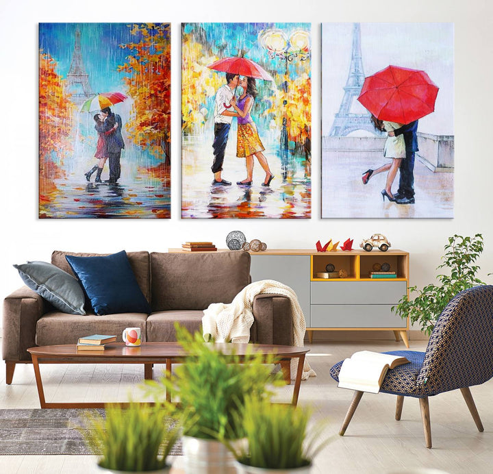 A triptych of the "Love in Paris Wall Art Canvas Print" showcases a couple with an umbrella in romantic settings. This artwork is crafted on museum-quality canvas and features a UV-protective coating for peace of mind. It also comes with the added convenience of free shipping.