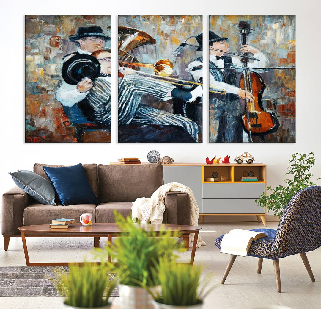 The Good Old Days Musicians Wall Art Canvas Print graces the wall, merging art with elegance. This museum-quality canvas comes with a UV-protective coating and is ready to hang.