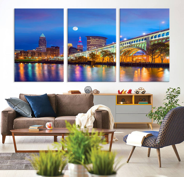 The Cleveland Night Skyline Wall Art City Cityscape Canvas Print portrays a city skyline and bridge lit up against the night sky. This artwork is printed on museum-quality canvas with a gallery-wrapped finish and features a UV-protective coating to ensure lasting vibrancy.