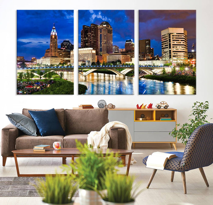 The Columbus City Lights Night Bright Blue Cloudy Skyline Cityscape View Wall Art Canvas Print, crafted on museum-quality canvas and finished with a UV-protective coating, adorns the wall.