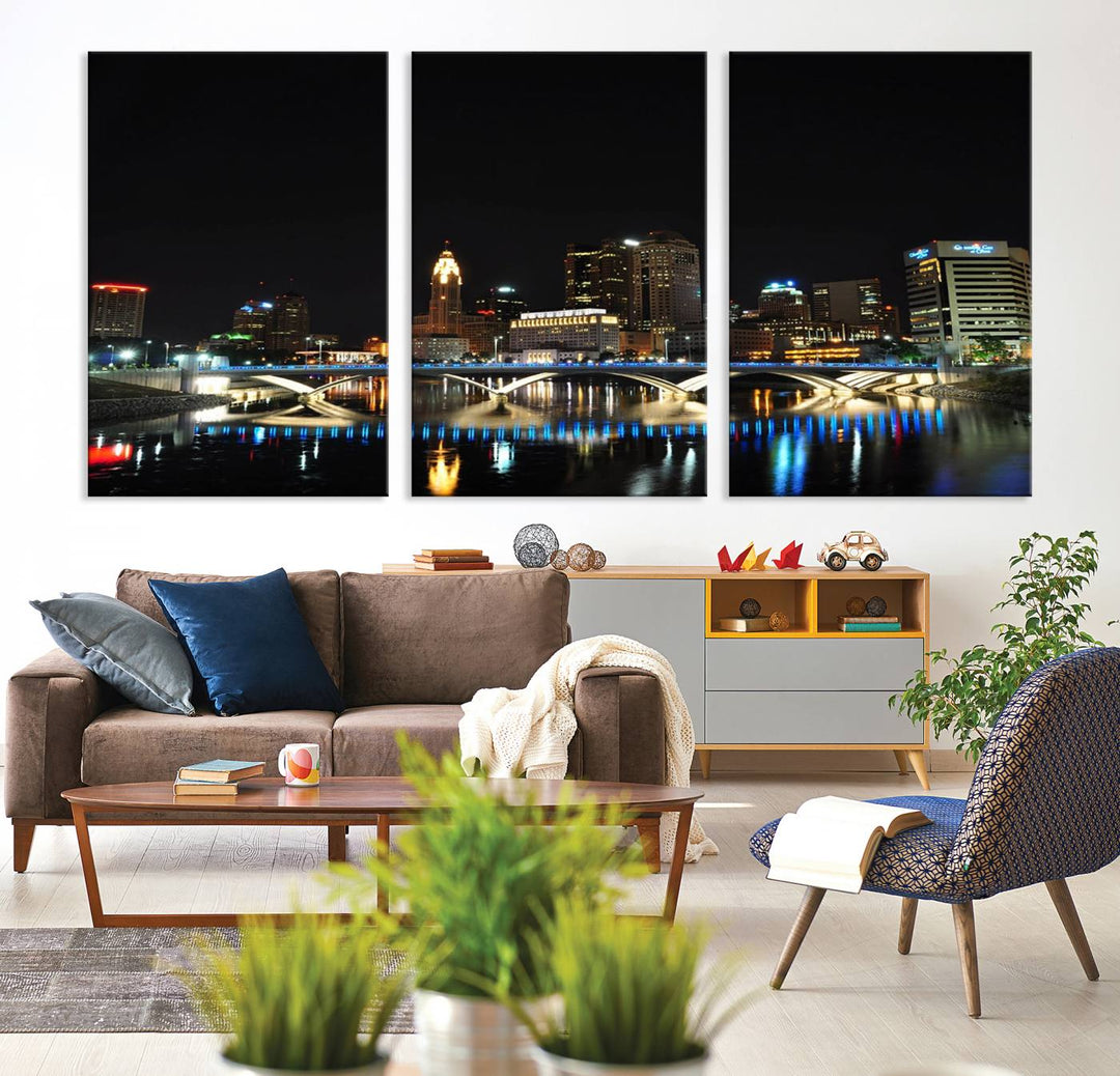 The "Columbus City Lights Night Skyline Cityscape View Wall Art Canvas Print" elegantly decorates the area, presented on museum-quality canvases that feature UV-protective coating to maintain their vibrant appearance.