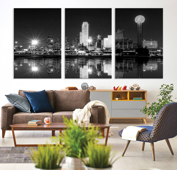 The living room showcases the Dallas City Lights Skyline Black and White Wall Art Cityscape Canvas Print. This museum-quality artwork is ready to hang and features a UV-protective coating to maintain its vibrant colors.