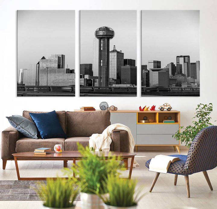 The Dallas City Lights Skyline Black and White Wall Art is elegantly displayed on museum-quality canvas.