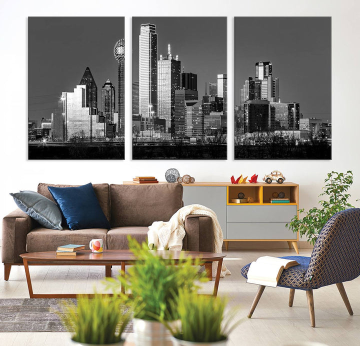 The Dallas City Skyline Black and White Wall Art Cityscape Canvas Print features a gallery-wrapped, museum-quality finish.