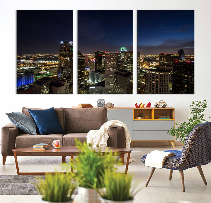 A living room showcasing a Dallas City Lights Night Skyline Cityscape View Wall Art Canvas Print, a three-panel artwork on museum-quality canvas with vibrant colors and durability.