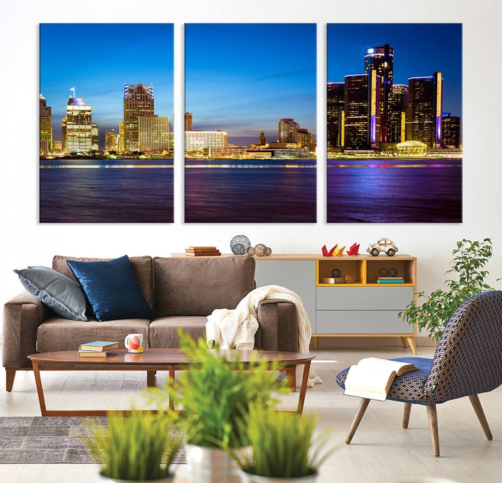 The living room features a breathtaking canvas print titled "Detroit City Lights Night Bright Blue Skyline Cityscape View," presented in a stunning triptych format on museum-quality canvases that are ready to hang.